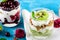 Vegan healthy Breakfast, dessert of ricotta, granola and kiwi, cherries