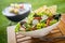 Vegan Healthy fresh leafy green salad on a picnic table