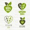 Vegan hundred percent logo fresh organic vegetarian sign green heart leaf leaves design element for stickers, product labels.