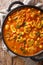 Vegan Indian Mushroom Curry with Spinach, Tomatoes and Chickpeas closeup. Vertical top view