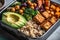 Vegan Lunch Box With Quinoa Salad, Roasted Veggies, And Tofu. Generative AI