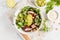 Vegan lunch flat lay. Green vegetable vegan salad with beets meatballs, Guacamole and tahini dressing. Healthy vegetarian food co