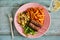 Vegan Meal On Plate With Plant Based Kofta Kebabs With Sweet Potato Fries And Couscous And Salad