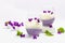 Vegan panna cotta dessert with fresh violet flower. Striped very peri color food, trendy stand