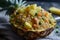 Vegan Pineapple Cashew Fried Rice with Plant-Based Eggs Served in a Pineapple Bowl - Wholesome Vegan Delight