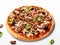 Vegan pizza on white background. Super healthy whole grain flour vegetarian pizza with mushrooms, vegan cheese, tomato sauce, red