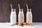 Vegan, plant based, non dairy milk in milk bottles with scattered ingredients