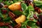 Vegan plums salad with cranberry, pumpkin seed, pecans nuts, spinach and mustard dressing