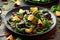 Vegan plums salad with cranberry, pumpkin seed, pecans nuts, spinach and mustard dressing