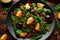 Vegan plums salad with cranberry, pumpkin seed, pecans nuts, spinach and mustard dressing