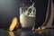 Vegan potato milk in glass and potato in bowl on light background. Healthy vegetarian and vegan drink