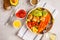 Vegan Rainbow bowl: vegetable meatballs, avocado, sweet potato a