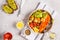 Vegan Rainbow bowl: vegetable meatballs, avocado, sweet potato a