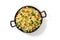 Vegan rice with vegetables, overhead shot on a white background. Basmati cooked with broccoli, green peas and carrots