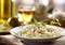 Vegan risotto rice with glass of white wine in fine dining restaurant.Macro.AI Generative