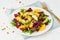 Vegan salad with beet curd avocado orange feta ricotta and pumpkin seeds, keto ketogenic dash diet, closeup, pastel modern