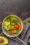 Vegan salad, rainbow bowl with baked sweet potato and avocado, t