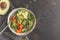 Vegan salad, rainbow bowl with baked sweet potato and avocado, t