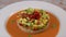 Vegan salad recipe based on bulgur with small vegetables, avocado, tomato, cucumber, pepper, nectarine fruit, tomato