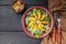 Vegan salad with romano leaves and fried peach. Top view