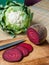 Vegan Salami, joking slices of red beet and cauliflower