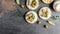 Vegan sandwich with mussels, Crisp bread, soft cheese and arugula salad. Set of tasty appetizer bruschetta. banner, menu recipe