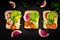 Vegan sandwiches with avocado, watermelon radish and tomatoes
