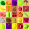 Vegan set with bright fruits, vegetables and berries in colorfull squares. Vector illustration.