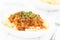 Vegan Soy Meat Bolognese Sauce on Pasta