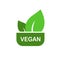Vegan vector badge, bio eco sign, natural nutrition vegetarian icon, healthy food concept. Flat design sticker isolated on white