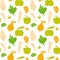 Vegan vector seamless pattern. Hand drawn fresh vegetables and fruits modern texture