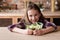 Vegan vegetarian diet kids smiling girl salad bowl