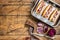 Vegan Vegetarian hot-dogs with onion and meatless sausage. Wooden background. Top view. Copy space