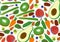 Vegan vegetarian seamless pattern. Fruits and vegetables background avocado kiwi spinach chard raw cacao goji berry bean sprout. V