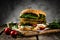 Vegan zucchini burger and ingredients on rustic wood background