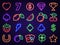 Vegas casino neon slot icons for signs and decor. Glowing gambling game symbols 7, cards, fruits, coin, cherry and lucky