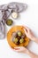 Vegen energy balls with pumpkin seeds and coconut, overhead view