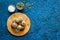 Vegen energy balls with pumpkin seeds and coconut, overhead view