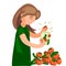 Vegetable conservation, gardening. girl holds vegetables in hands -tomato, cucumber.seasoning cans. vector illustration