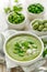 Vegetable cream soup. Broad bean soup sprinkled with fresh mint and Feta cheese. Delicious and nutritious vegetarian food.