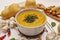 Vegetable cream soup. Healthy vegan vegetarian nutrition concept. Garlic, croutons, spices, aromatic seasonings