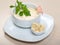 Vegetable cream soup with prawns