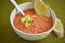 Vegetable creme soup and two pieces of white bread