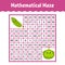 Vegetable cucumber, cabbage. Mathematical square maze. Game for kids. Number labyrinth. Education worksheet. Activity page. Puzzle