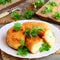 Vegetable cutlets with egg filling on a white plate. Cutlets zrazy cooked from cauliflower and potatoes