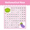 Vegetable eggplant, cabbage. Mathematical square maze. Game for kids. Number labyrinth. Education worksheet. Activity page. Puzzle