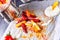 Vegetable French fries with herb quark and tomatoes