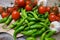 Vegetable fresh food aubergini tomato green pepper yellow pepper garlic
