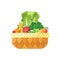 Vegetable and fruit basket isolated (cranberry, mandarin, corn, pepper, pea, broccoli, mango). Modern flat design.