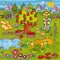 Vegetable garden with vegetables and flowers trees lakes watering and many elements and animals funny cartoon design for childhood